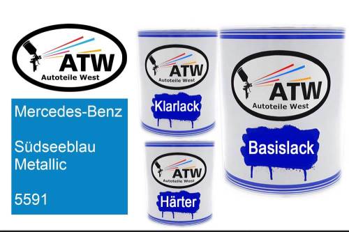 Mercedes-Benz, Südseeblau Metallic, 5591: 1L Lackdose + 1L Klarlack + 500ml Härter - Set, von ATW Autoteile West.